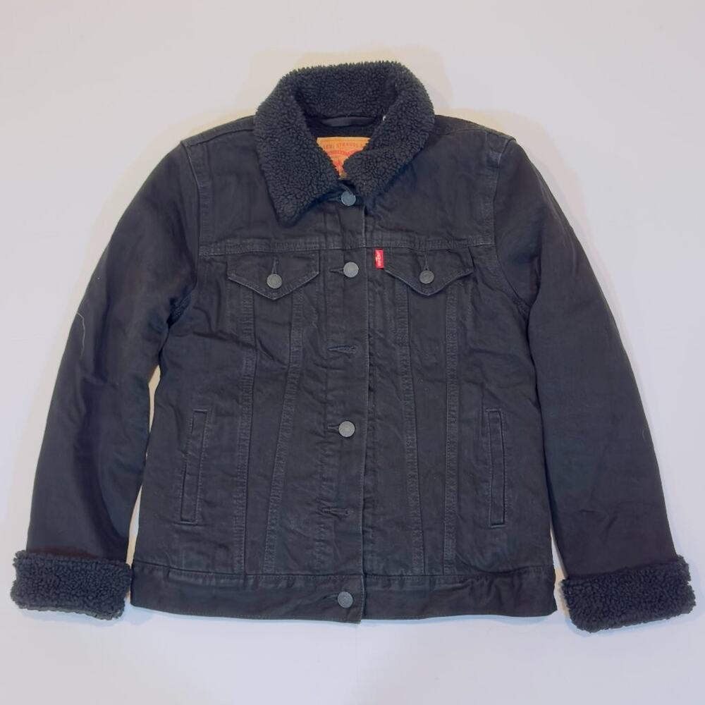 Women’s XS Levi’s Black Denim Sherpa Jacket Fleece Trucker Coat Winter Jacket